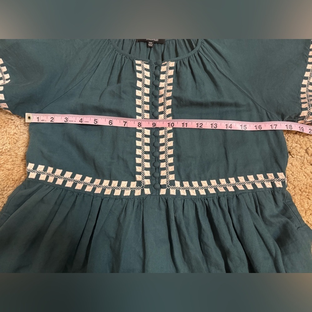 Madewell Embroidered Linen-Blend Flutter-Sleeve Mini Dress XXS Green Preppy Airy - Picture 11 of 11